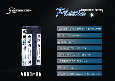 Sunpadow Platin Shorty 4000mAh 7.4V 2S 130/65C LiPo (4mm, 160g)